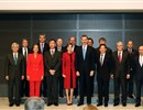 The King and Queen of Spain together with Dr J. Sanchez, Prof. M. Mori, Secretary of State C. Vela, Foreign Affairs Minister A. Dastis, and Ambassador G. de Benito.
