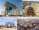 ITER construction highlights 2015 (Clockwise from top left: ITER Assembly Hall building; installation of ITER transformers; ITER bioshield; works in the galleries of the Cryoplant building).